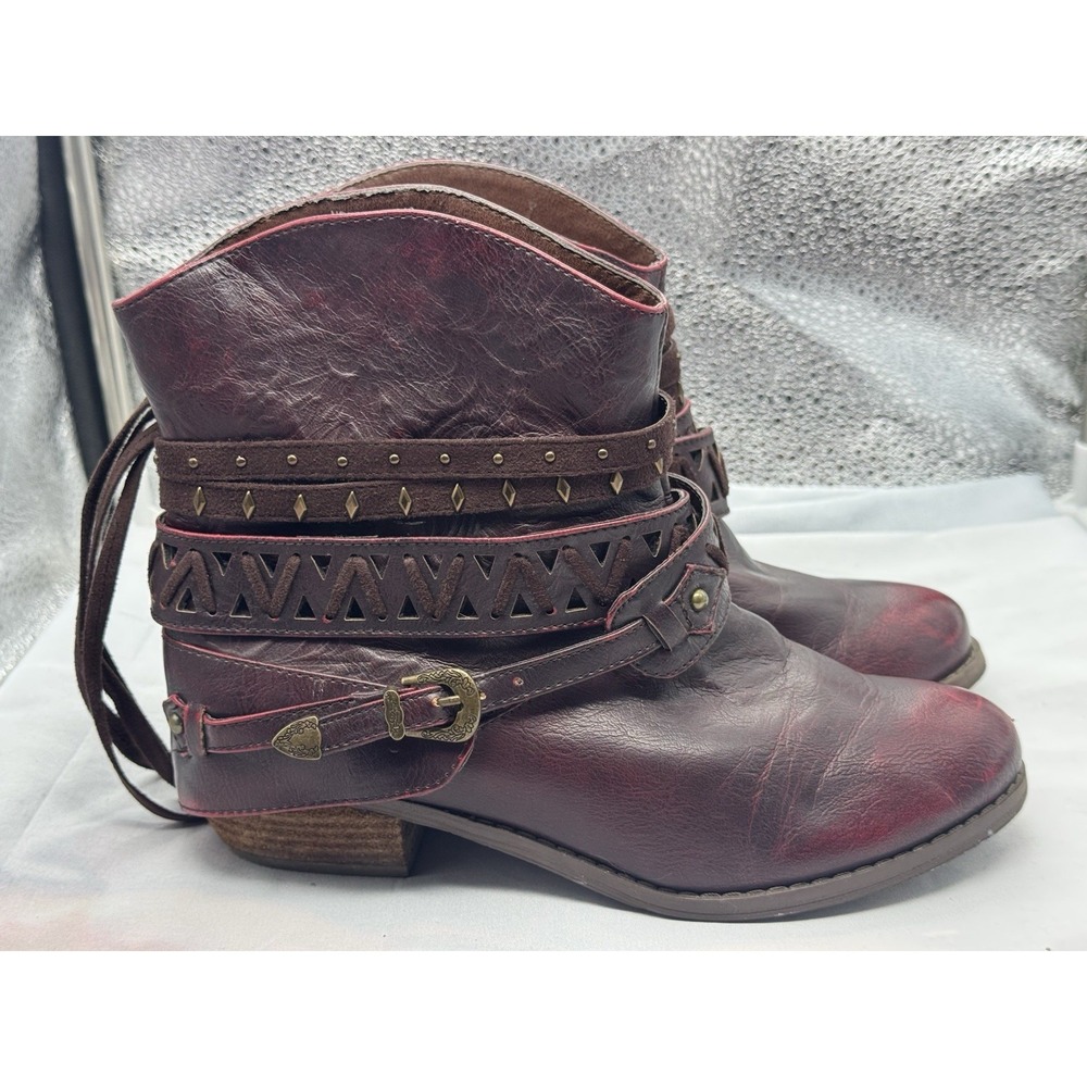 Not Rated Naoni Ankle Boots Womens 6 Burgundy‎ Wrapped Studded Strap Boho Bootie
